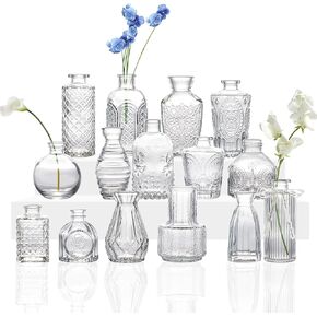 مجموعة مزهرية زجاجية مكونة من 15 قطعة، مزهرية صغيرة للزهور، زجاجات شفافة عتيقة لطيفة لديكور المنزل، مزهريات صغيرة للقطع المركزية، ديكورات الزفاف الريفية، تزيين الطاولة in Kuwait