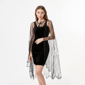 Women's Pretty Spider Web Cape Halloween Fantasy Cosplay Black mesh Cloak with Hood