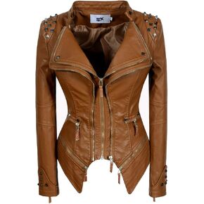 Women's classic fashion solid color dovetail rivet leather jacket large casual punk personalized coat