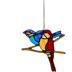Tiffany Double Hummingbirds Style with Chain Stained Glass Window Hangings 6" W x5.7 H Inches Decor for Home,Office,Coffee Shop，Gifts for Bird Lovers