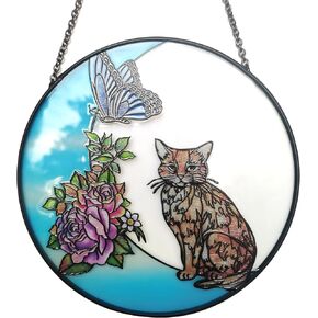 Stained Glass Cat Window Hanging Butterfly Flower on Moon Décor 6.5" Orange Cat Suncatcher Funny Wall Art Memorial Gifts for Women