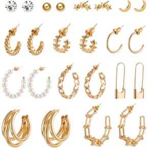 12 Pairs Good Hoop Earrings for Women Small Chunky Open Hoops with Pearl and Stud Earring Set Aesthetic Thick Gold Hoop Earring Pack for Teen Girls