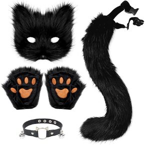 QinRuan Therian Mask Animal Wolf Paw Gloves & Furry Cat Ears Collar Set with Fox Tail - Cosplay Costume Kit