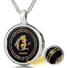 Aquarius Necklace Zodiac Pendant for Birthdays 20th January to 18th February with Star Sign and Personality Characteristics Inscribed in 24k Gold on Round Black Onyx Gemstone, 18" Rolo Chain