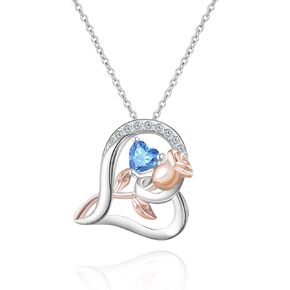 Rose Heart Necklaces for Women,Rose Heart Birthstone Necklace Gift Fine Jewelry Love Heart Rose Flower Pendant Necklace for Lady925 Sterling Silver Birthday for Women Wife Mom Girlfriend