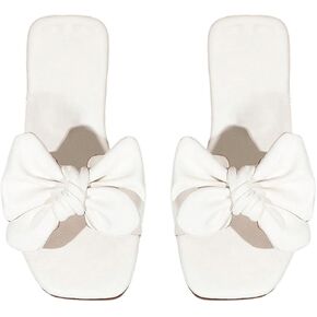GORGLITTER Girl's Bow Slip on Sandals Square Open Toe Flat Sandals for Outdoors White 2