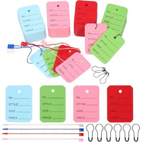 Swpeet 1300Pcs Colorful Price Tags and Hang Tag String, 4 Colors Store Tags Clothing Tags Marking Tags Unstrung Tags with Nylon String Snap Lock Pin Loop Fastener Hook Ties Pear-Shaped Clothes Tag Pin
