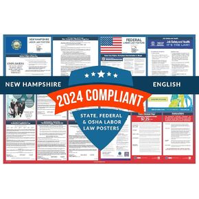 2024 New Hampshire Labor Law Poster State, Federal, OSHA Compliant, Accurate & Up to Date, Includes June Updates, Laminated Labor Law Poster 2024 New Hampshire, 36"w x 24"h (English)