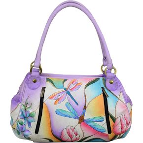 Anna by Anuschka womens 8064 Anna Anuschka Satchel Ruched Handbag Genuine Leather Dragonfly Glass Painting, Dragonfly Glass Painting, One Size US