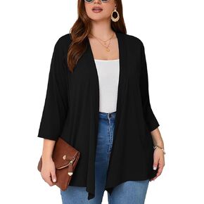 Women's Plus Size Lightweight Open Front Cardigan 3/4 Sleeve Cover Ups Shrugs Shawls and Wraps Kimono Jacket Coat