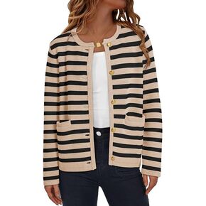 Dokotoo Women's 2024 Fashion Casual Crew Neck Open Front Long Sleeve Chunky Knit Striped Cardigans Sweaters Outerwear Coats
