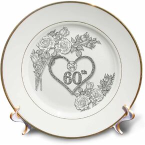 3dRose 60Th Diamond Wedding Anniversary Word Art with Heart On Linen White Plate, 8"