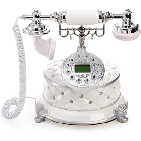 Jucoan Vintage Retro Landline Telephone, European Style Antique Old Fashioned Corded Phone Luxury Desktop Landline Telephone with Push Button LCD for Home Office Hotel Bar Decor, Elegant White