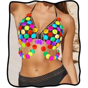 TWINKLEDE Big Sequin Body Chain Rainbow Chainmail Top Colorful Dots Bra Chains Festival Party Tops for Women
