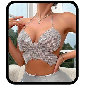 TWINKLEDE Sexy Bow Top Body Chain Crop Tops Sparkly Hollow Bikini Bra Chain Backless Party Rave Nightclub Top for Women
