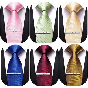 Barry.Wang Mens 6 PCS Ties Silk Striped Paisley Check Necktie Tie-Clip Silky Woven Wedding Business Party Ties