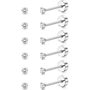 FIBO STEEL G23 Titanium Flat Back Earrings for Women Men Hypoallergenic Opal CZ Ball Tiny Studs Earrings Set for Multiple Piercings Cartilage Helix Tragus Flatback Earrings 6 Pairs 2mm/4mm