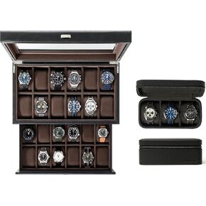 TAWBURY GIFT SET | Bayswater 24 Slot Watch Box with Drawer (Black) and Fraser 3 Watch Travel Case (Black)