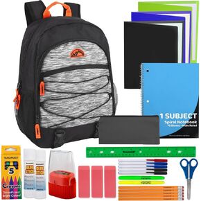Backpack with Supplies | 17 Multipocket Backpack with 30 Piece Stationery Set for Travel, Work - Orange, Black, and Grey Backpack Set