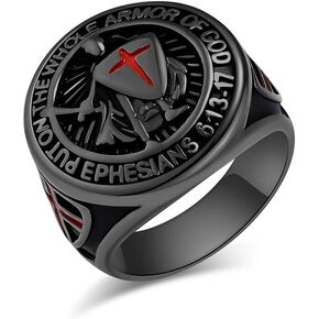 Knights Templar Put On The Whole Armor of God Ephesians 6:13-17 Red Cross Design Mens Stainless Steel Christian Signet Black Ring