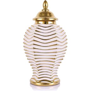 14.2" White and Gold Ceramic Ginger Jar with Lid-Modern Ceramic White Gold Vase,Luxury Decor Flower Vase for Home Decor, Living Room, Kitchen, Dining Table, Cabinet, Bookshelf, Storage Ginger Jar