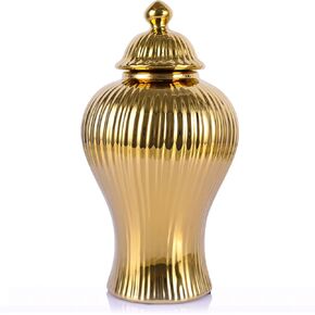 11.8" Gold Ceramic Ginger Jar with Lid - Decorative Ginger Jar Vase for Home & Office & Hotel - Modern Luxury Living Room or Kitchen Ornaments Designs - Table Center Gold Vase