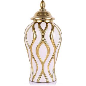 16.8"White and Gold Ceramic Ginger Jar with Lid-Modern Geometry Ceramic White Gold Vase,Luxury Decor Flower Vase for Home Decor,Living Room,Kitchen, Table,Cabinet, Bookshelf Decor,Storage Ginger Jar