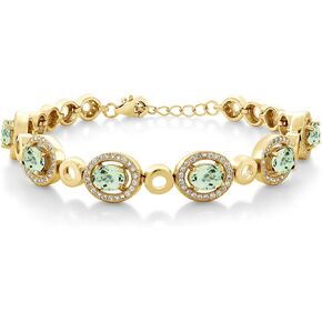 Gem Stone King 18K Yellow Gold Plated Silver Green Prasiolite Tennis Bracelet For Women (6.42 Cttw, Oval 7X5MM, 7 Inch with 1 Inch Extender)