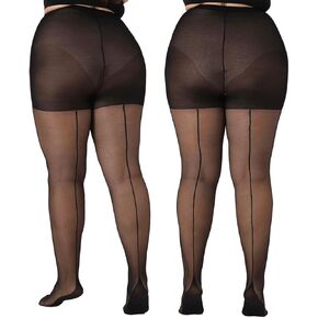 2 Pairs Women's Plus Size Backseam 20D Sheer Tights, Control Top Pantyhose with Reinforced Toes