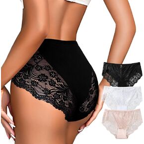 Women Hipster Underwear High Wasited Lace Panties Breathable Ladies Briefs, 3 Pack