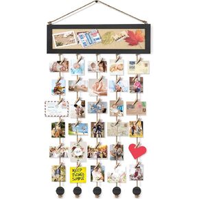 Bikoney Picture Frames Collage Wall Decor Hanging Photo Display Multi Pictures Organizer with Wood Bulletin Board Photo Board 30 Clips and 6 Pushpins for Home and Dorm Room Decor (Black)