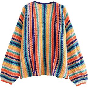 Womens Cardigan Long Sleeve Block Striped Sweaters Coat Open Front Casual Knit Pullover
