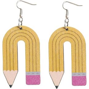 Wooden Pencil Drop Earring Classic Stack of Books Dangle Earrings Back to School Gradution Jewelry Lovely Librarian Funky Teacher Hook Earring for Teachers, Students