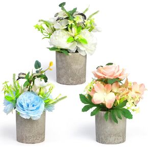 3 Pcs Mini Fake Flowers Kit with Pulp Pot, Artificial Flower Arrangement, Small Faux Plant Potted Decor for Bookshelves, Tables, Rustic and Farmhouse Decor, Home Decor, Kitchen Rooms