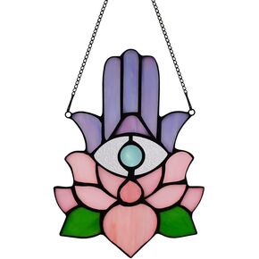 Hamsa Hand Decor Stained Glass Window Hangings,Lotus Flower Suncatchers for Windows Amulet Meditation Home Decor,Spiritual Gift for Women,Baptism Blessing Housewarming Gift