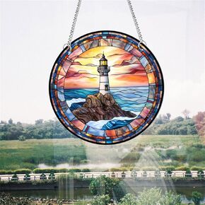 Ocean Lighthouse Acrylic Window Hanging Decor Sea Wall Art Mural for Bedroom Office Garden Stained Panel Hanging Decorative Indoor Window Decor 11.8 Inches