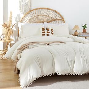 YIRDDEO Twin Comforter Set - Comforter Twin Size Bed with Ball Pom Fringe, Soft Bedding Set for All Seasons - 2 Pieces, 1 Comforter (66"x90") & 1 Pillow Sham(20"x26"), Beige