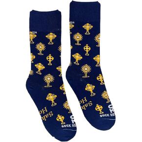 Sock Religious Salutaris Hostia Chalice and Host Navy Blue Boys and Girls One Size Fits Most Polyester Blend Catholic Inspirational Fun Crew Socks, Kids