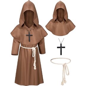 Kids Medieval Renaissance Monk Costume Priest Friar Wizard Cloak Hooded Robe Cosplay Costume Belt Necklace Set