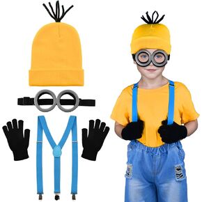 4Pcs Halloween Costume Accessories Kids Steampunk Goggles Glasses Blue Y-Back Suspenders Yellow Beanie Hats Black Gloves Perfect for Birthday Party and Halloween Cosplay Party