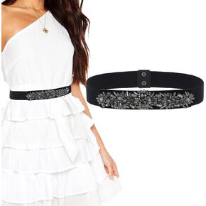 Urieo Rhinestone Stretchy Cinch Belt Crystal Black Elastic Belts Wide Stretch Dress Dresses Ladies Waist Belt for Women