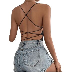 COZYEASE Women's Criss Cross Back Spaghetti Strap Bodysuits Sleeveless Backless Scoop Neck Cami Tops T Shirt