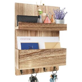 LotFancy Mail Holder Wall Mount, Key Mail Organizer, Wooden Mail Sorter for Entryway, Hallway, with A Mail Box, A Floating Shelf and 4 Key Hooks