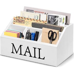 Wooden Mail Organizer for Countertop, Mail Holder for Desk, Office Desk Organizer and Sorter for Bills Letters Countertop Storage, Mail Organizer for Desk with Pen Holder