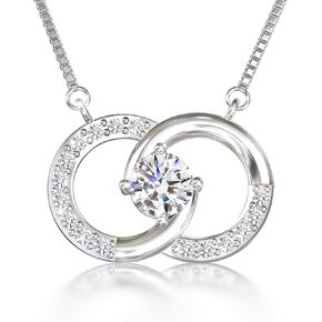 Platinum Plated Silver Necklace with Moissanite Diamond Gift for Her Interlocking Circle Necklace with Circle Loop