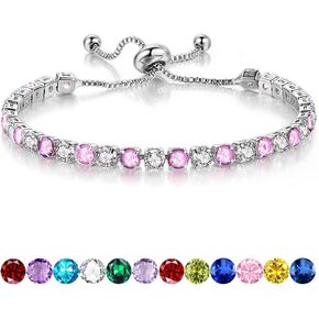 Birthstone Bracelet for Women, Silver Tennis Bracelets with Cubic Zirconia Adjustable Slider Bracelet Birthday Mother's Day Graduation Gifts for Her Mom Wife Girlfriend