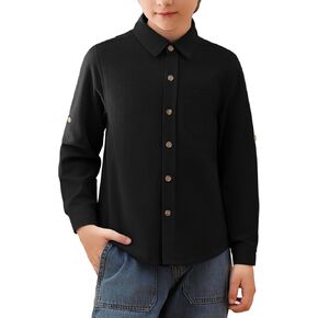 Haloumoning Boys Linen Button Down Dress Shirt Kids Long Sleeve Shirts Tops with Chest Pocket 5-14 Years