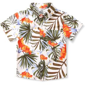 OCHENTA Boy's Monstera Print Hawaiian Shirt Button Down Casual Beach Aloha Party Tops 2 White 140CM - 6-7 Years