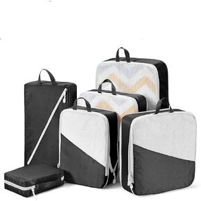 Compression Packing Cubes - 7 Piece Set Travel Organizer, Luggage & Suitcase Organizer, Space Saving Packing Cubes, Lightweight Travel Organizers, Travel Accessories & Essentials (White & Black)