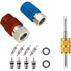 R12 to R134 A High/Low AC Fitting Port Retrofit Conversion Adapter, 1/4’’ to 7/16"-20 UNF Quick Coupler Valve A/C Adapter Fitting, High and Low Side R-12 to R-134A Retrofit Adapter